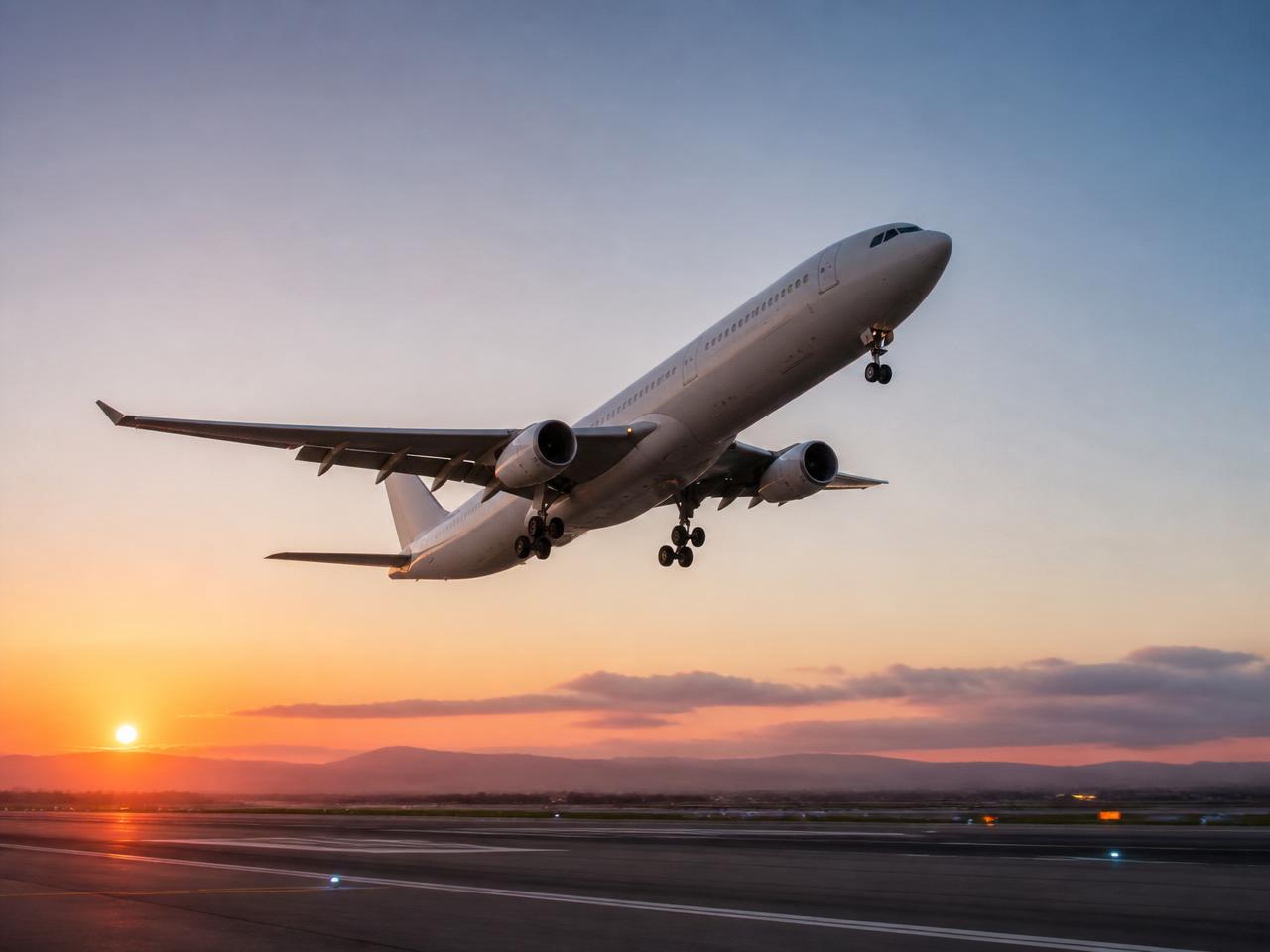 Commercial airliner taking off at dawn with golden light on the horizon